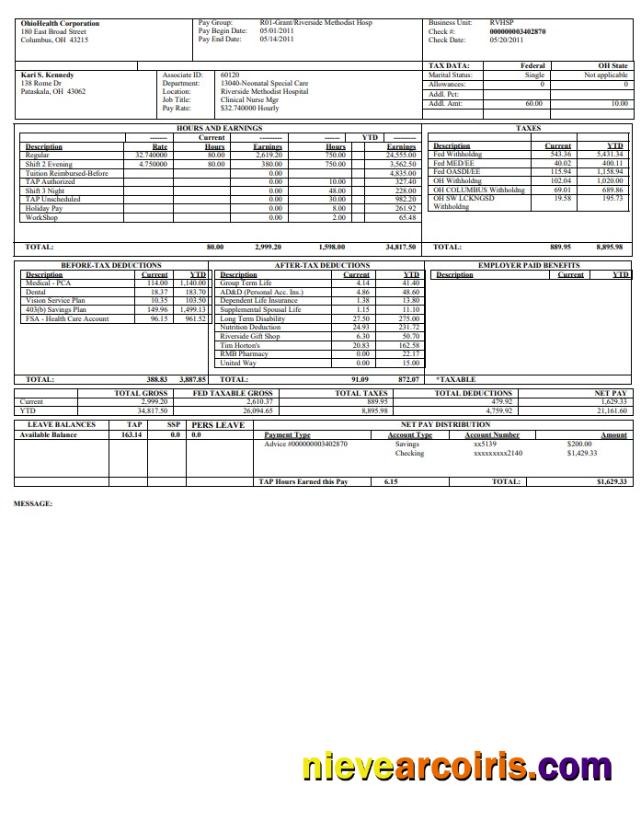 OhioHealth Corporation Paystub
